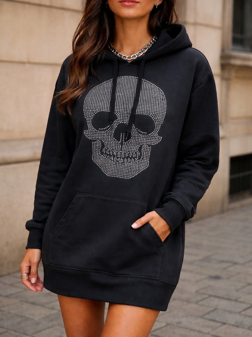 Y2K Rhinestone Skull Hoodie Dress Oversized Black Goth‎ Grunge Street Pullover